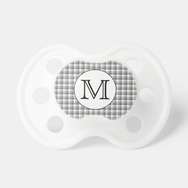 Custom Monogram. Black and White with Grey Check. Pacifier (Front)