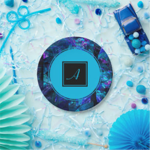 Custom Monogram Black Blue Abstract Birthday Paper Plate
