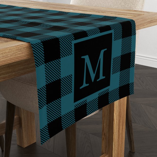 Custom Monogram Black Blue Buffalo Plaid Pattern Short Table Runner (Creator Uploaded)