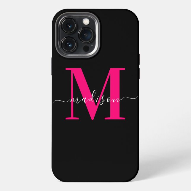 Custom Monogram Black & Bold Pink Typography iPhone Case (Back)
