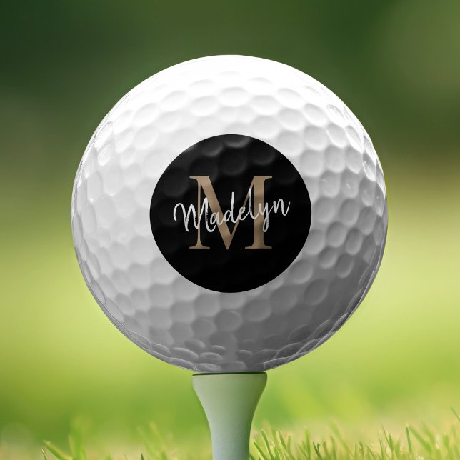 Custom Monogram Black Gold Elegant Script Name Golf Balls (Creator Uploaded)