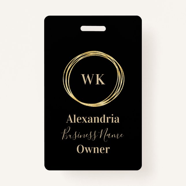 Custom Monogram Black Gold Employee Name Badge (Front)