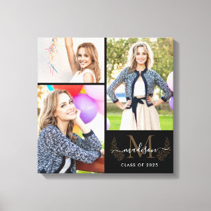 Custom Monogram Black Gold Graduation 2021 Photo Canvas Print