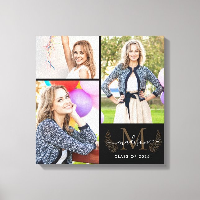 Custom Monogram Black Gold Graduation 2021 Photo Canvas Print (Front)