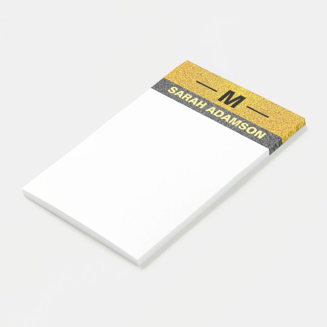 Custom Monogram Black Gold Name, Modern Elegant Post-it Notes (Angled)
