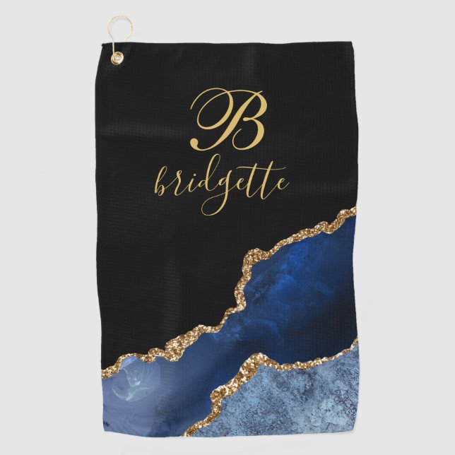 Custom Monogram Black Gold Navy Agate Geode Golf Towel (Front)