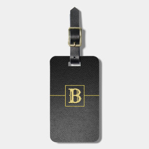 Custom monogram black pebbled faux leather luggage tag