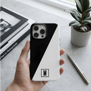 Custom Monogram Black & White Geometric Split iPhone 15 Pro Max Case