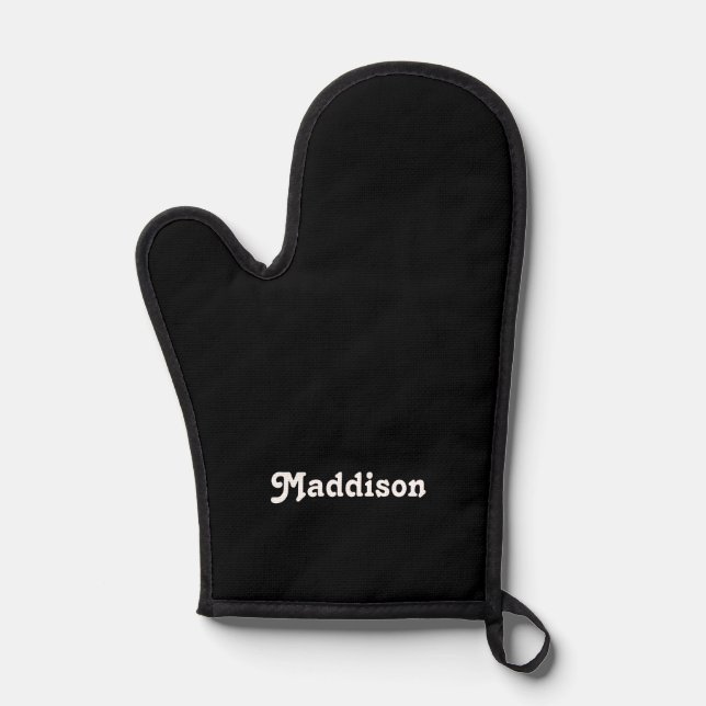 Custom monogram, black with retro typography  oven mitt (Front)
