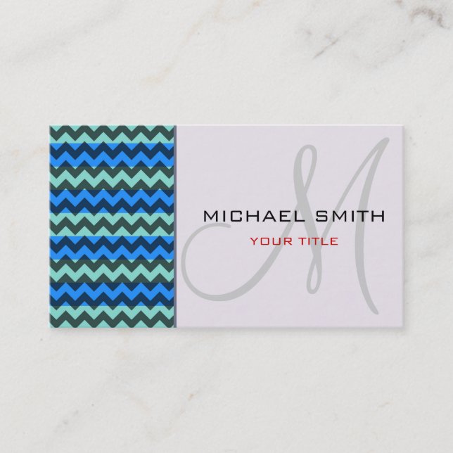Custom Monogram Blue Chevron Zigzag Pattern Business Card (Front)
