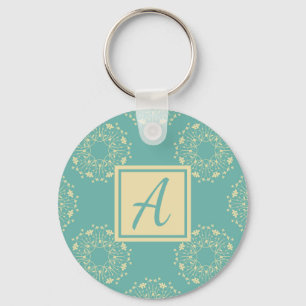 Custom Monogram Blue Floral Pattern Keychain