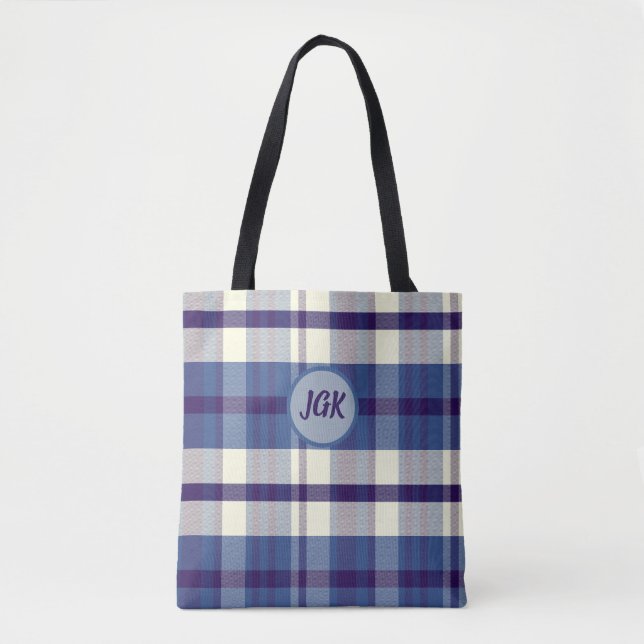 Custom Monogram Blue Plaid Tote Bag (Front)
