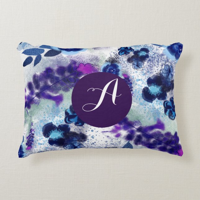 Custom Monogram Blue Purple Flowers Pattern Accent Pillow (Front)