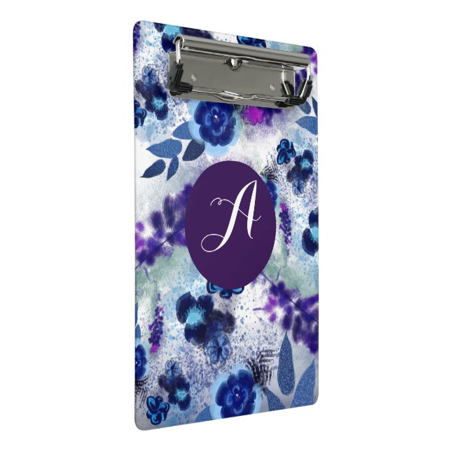 Custom Monogram Blue Purple Flowers Pattern Mini Clipboard (Angled)
