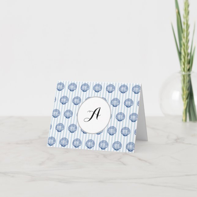 Custom Monogram Blue Seashell Stripe Coastal Thank You Card (Front)