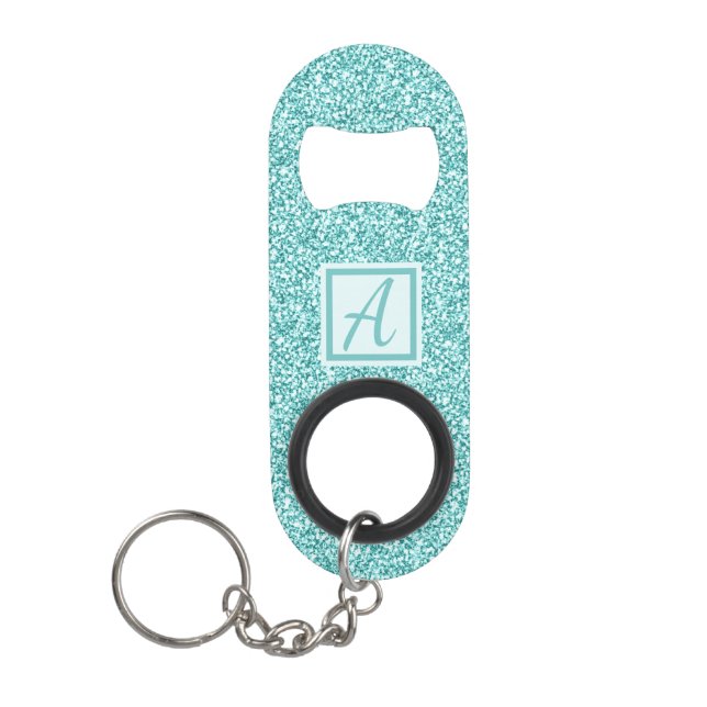 Custom Monogram Blue Sparkle Keychain Bottle Opener (Front)