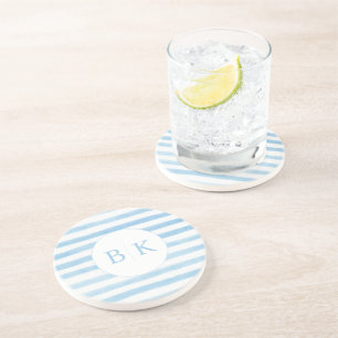 Custom Monogram Blue Striped Sandstone Coaster