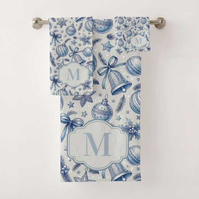 Custom Monogram Blue Toile Christmas Ornaments Bath Towel Set (Insitu)