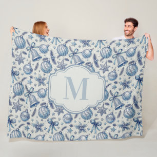 Custom Monogram Blue Toile Christmas Ornaments Fleece Blanket