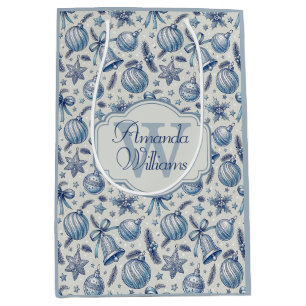 Custom Monogram Blue Toile Christmas Ornaments Medium Gift Bag