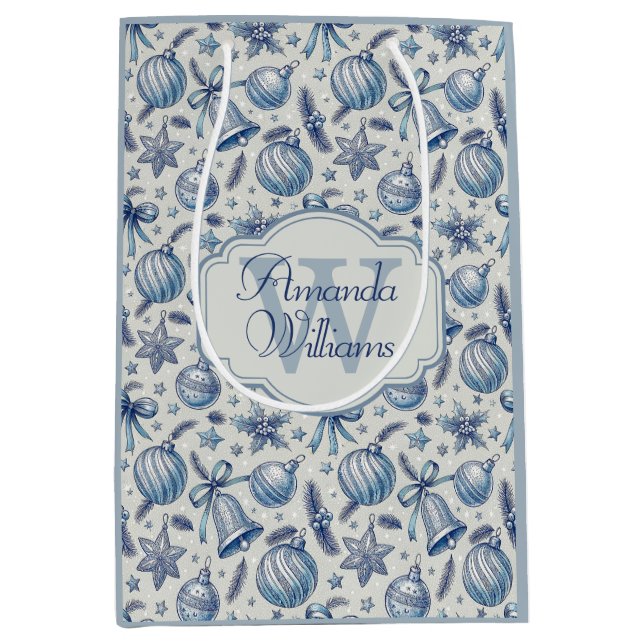 Custom Monogram Blue Toile Christmas Ornaments  Medium Gift Bag (Front)