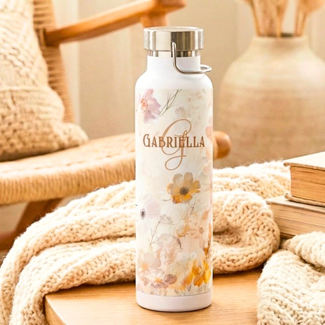Custom Monogram Boho Chic Floral Watercolor Water Bottle (Creator Uploaded)