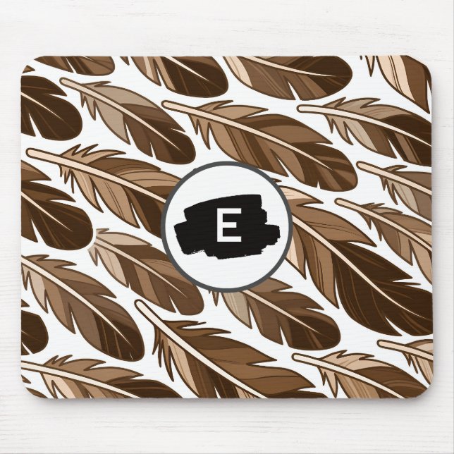 Custom Monogram Boho Mousepad – Brown Feathers (Front)
