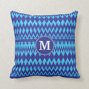 Custom Monogram Bold Blue Tribal Chevron Pattern Throw Pillow