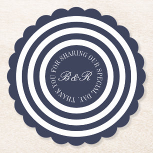 Custom monogram bold navy blue stripe wedding paper coaster