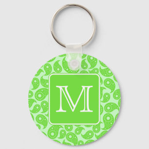 Custom Monogram. Bright Green Paisley Pattern. Keychain