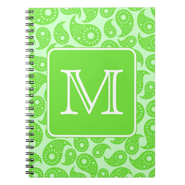 Custom Monogram. Bright Green Paisley Pattern. Notebook (Front)