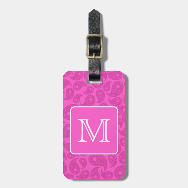 Custom Monogram. Bright Pink Paisley Pattern. Luggage Tag (Front Vertical)
