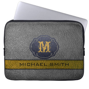 Custom Monogram Bronze and Black Leather Laptop Sleeve