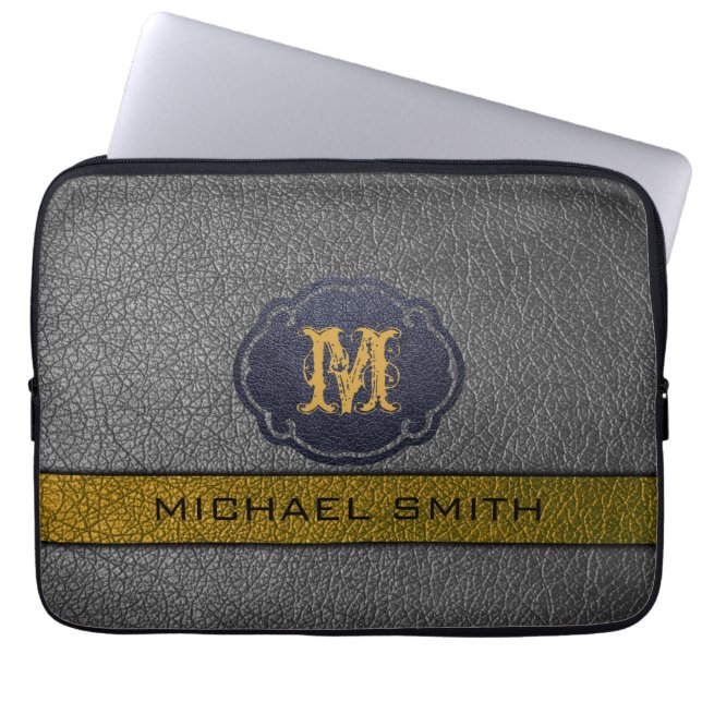 Custom Monogram Bronze and Black Leather Laptop Sleeve (Front)
