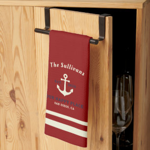 Custom Monogram Burgundy Crimson Newport Anchor Kitchen Towel