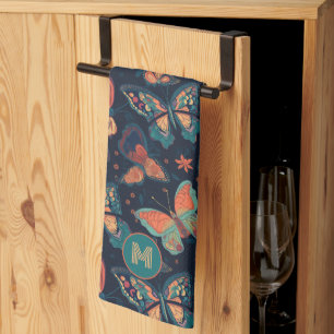 Custom Monogram Butterfly Pattern Kitchen Towel