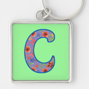 Custom Monogram C Keychain, Ditsy Floral Pattern Keychain