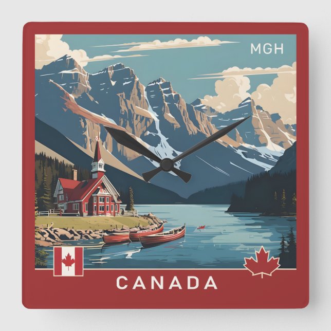 Custom Monogram Canada Travel Poster Square Wall Clock (Front)
