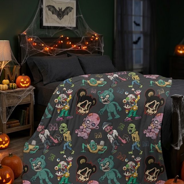 Custom Monogram Cartoon Zombie Comic Pattern Sherpa Blanket (Creator Uploaded)