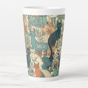 Custom Monogram Cats Pattern Latte Mug