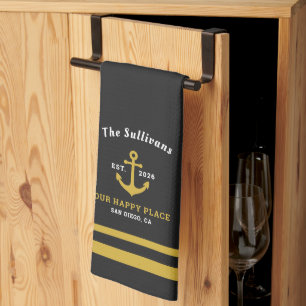 Custom Monogram Charcoal Black Gold Anchor Kitchen Towel
