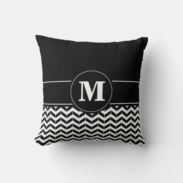 Custom Monogram Chevron Black Throw Pillow (Front)