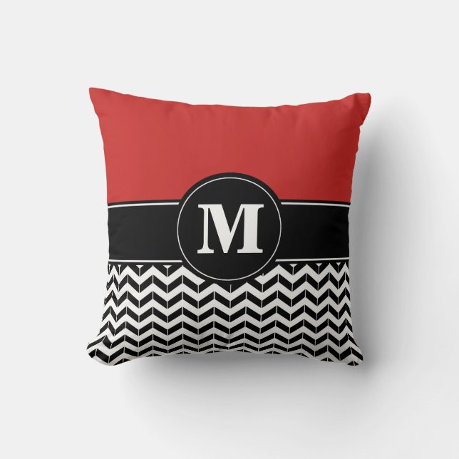 Custom Monogram Chevron Red Throw Pillow (Front)