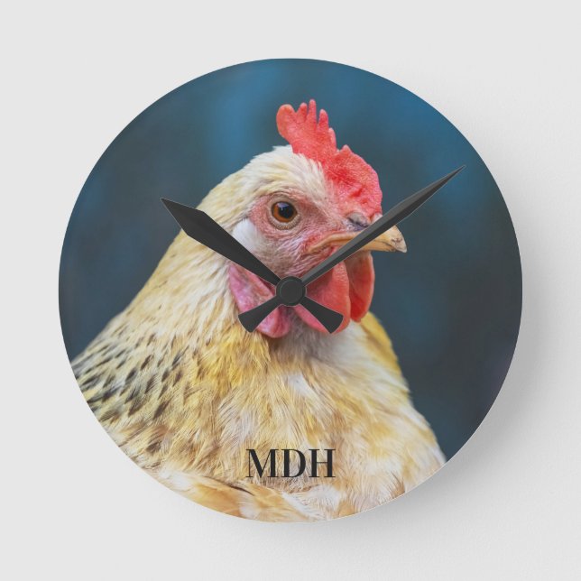 Custom Monogram Chicken Close-Up Round Clock (Front)