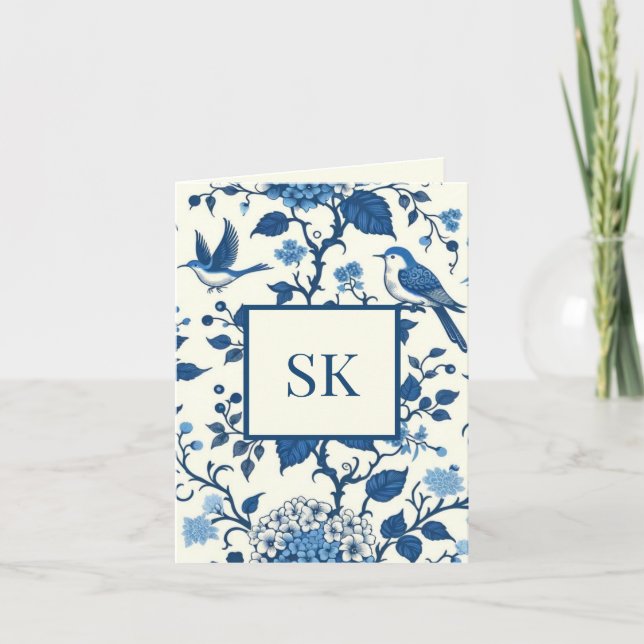Custom Monogram Chinoiserie Blue and White  Note Card (Front)