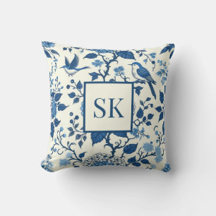 Custom Monogram Chinoiserie Blue and White Throw Pillow