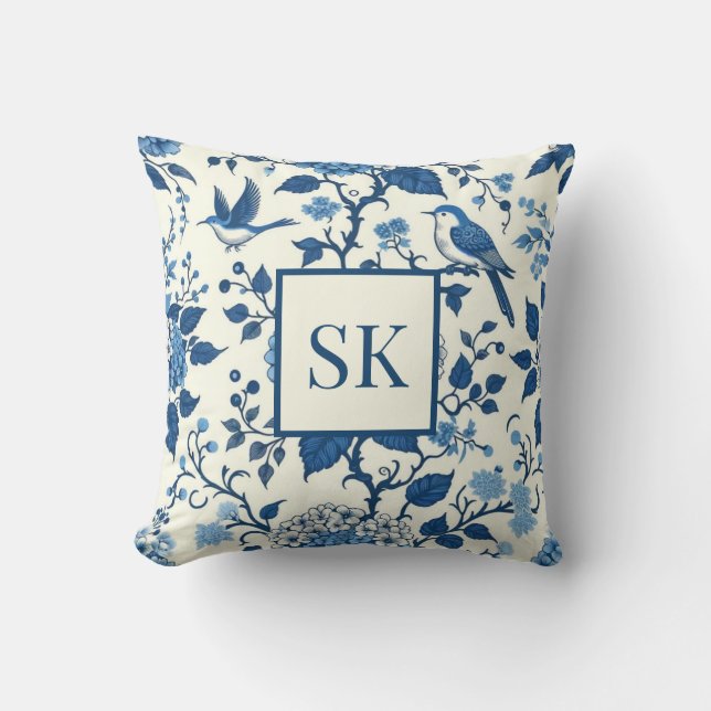Custom Monogram Chinoiserie Blue and White  Throw Pillow (Front)