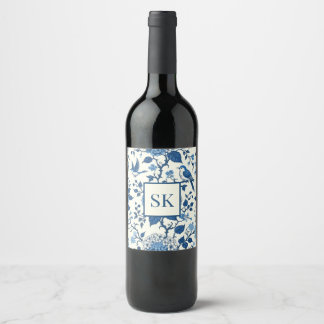 Custom Monogram Chinoiserie Blue and White  Wine Label