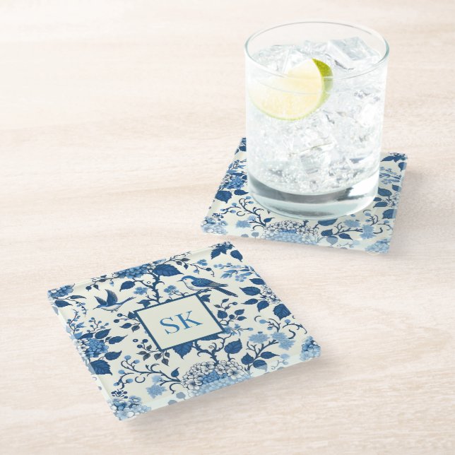 Custom Monogram Chinoiserie Chic, Hydrangeas  Glass Coaster (Angled)