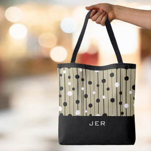 Custom Monogram Circles Lines Black White Tote Bag